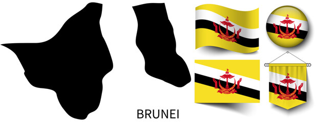 The various patterns of the Brunei national flags and the map of the Brunei borders