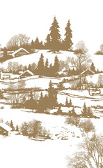 graphic drawing, composition: winter landscape with country cottages, trees and snow, illustration