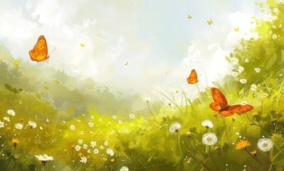 Obraz na płótnie Canvas Spring Landscape with Butterflies Meadow - Nature's Dance