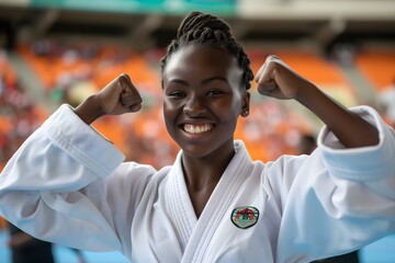 Celebrate victory! African karate woman in white uniform exudes joy after winning tournament in packed stadium.