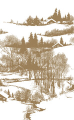 graphic drawing, composition: winter landscape with country cottages, trees and snow, illustration