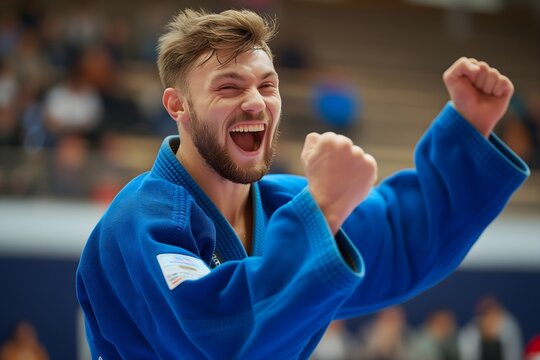 Dynamic scene of a Caucasian male judo champion clad in blue uniform, exuding joy and triumph after winning a tournament, surrounded by an enthusiastic crowd in a bustling stadium atmosphere.