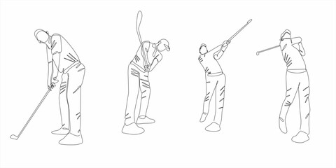 Continuous line drawing of young man playing golf. Single line concept art of professional golfer holding a stick to hit the ball. Vector illustration