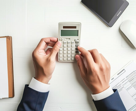 Accountant or businessman using calculator on white office desk to count income and outcome, top view