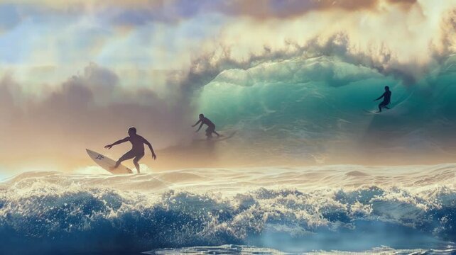 surfers being rolled by big waves. seamless looping time-lapse virtual 4k video Animation Background.