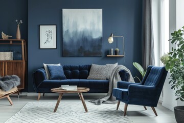 Stylish Blue Lounge with Artistic Decor