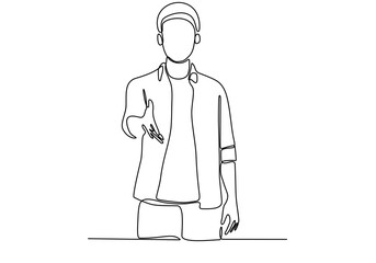 continuous line art of man raising hand to shake hands with business partner