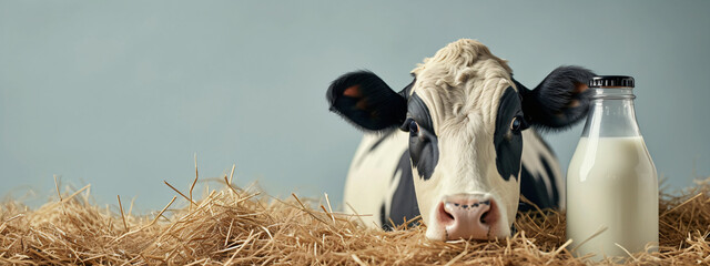 black and white cow with milk bottle on hay. studio animal portrait with product placement. fresh dairy produce and farming concept. design for advertising, educational material. front view with copy 