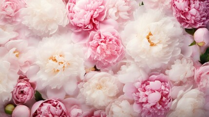 Beautiful background of fresh pink peonies in full bloom, close-up, top view. The concept of a happy Mother's Day, birthday or Valentine's Day greeting card.