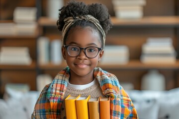 Black girl at school, grinning, wearing glasses. Generative Ai. - obrazy, fototapety, plakaty