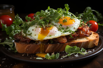 Gourmet toast with sunny-side-up eggs, fresh greens, cherry tomatoes on a dark plate. Concept: healthy breakfast menu or recipe blog. 