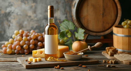 White wine bottle with blank label, cheese, grapes, honey, and nuts on wooden board. Still life with wine barrel. Gourmet and viticulture concept. Design for wine label, menu, and food pairing guide