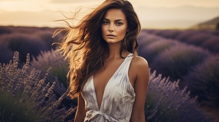 A beautiful woman with flying hair and wearing a white dress, on a purple lavender field with...