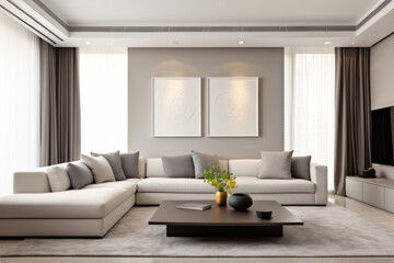 Interior of a bright living room in modern minimalist style with a two paintings on a white wall, sofa and coffee table