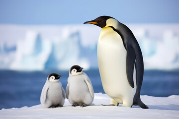 Emperor penguin with chicks on the background of snowy Antarctic landscape in blur