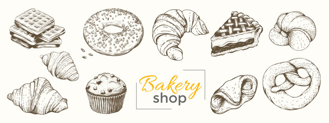 Vector sketch illustration set of desserts and bakery products for menu, special offer, windows design. Vintage engraving style drawing isolated on background. - obrazy, fototapety, plakaty