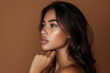 Model of Latina ethnicity, profile, side view, chin touched. Generative Ai.