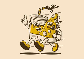 Character illustration of running pizza and soft drink