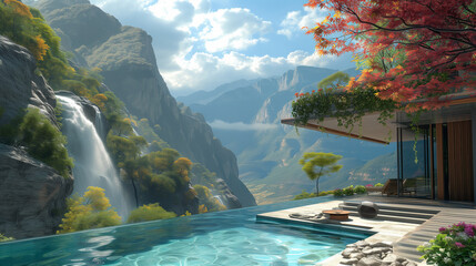 beautifull villa with swimming pool and waterfall in the mountains - obrazy, fototapety, plakaty