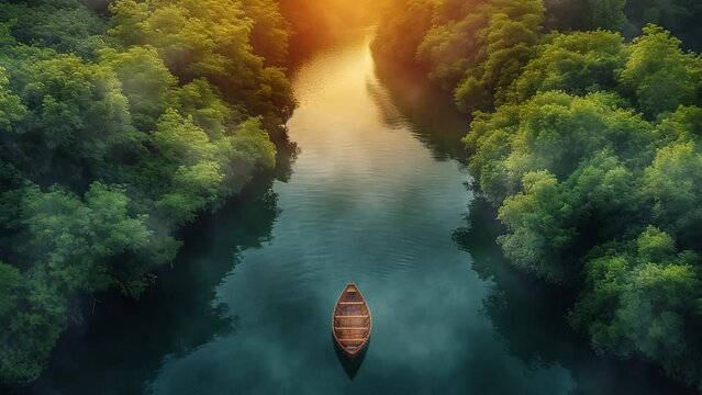 Aerial view of the  river and a boat in the jungle at sunset