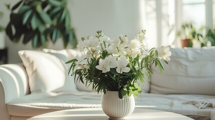 Obraz na płótnie Canvas Spring flowers bouquet in vase on table in modern white living room with morning sun light. stylish apartment interior, soft lighting. generative AI