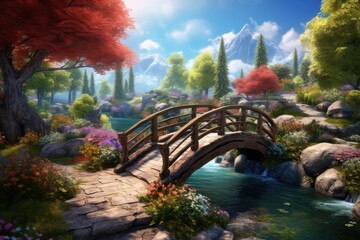 A picturesque frame: arched wooden bridges gracefully spanning spring's waters - obrazy, fototapety, plakaty