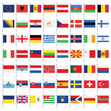 Set of all europe flag pole flags