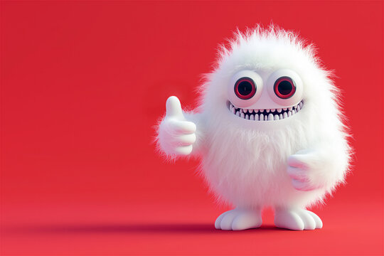 Cute little fluffy monster showing thumbs up