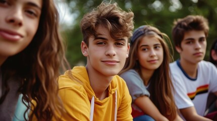 Casual summer day, group of teens with gazes lowered, shared interest
