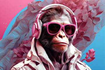 illustration of a monkey wearing a headset on his head in a pink style