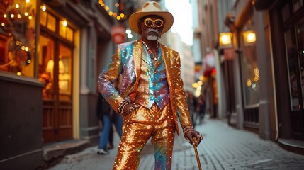 Handsome man dressed in sparkling suit and hat and a walking stick of gold.