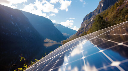 Solar panels in Norwegian fjord landscape.