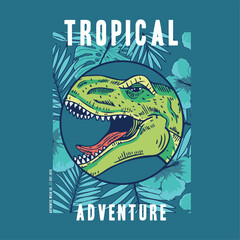 tee print design with wild dinosaur, tropical pattern and typo as vector