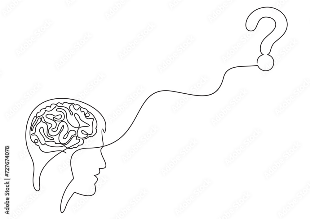 Poster concept of confused feelings in one continuous line drawing. human head with question mark inside in