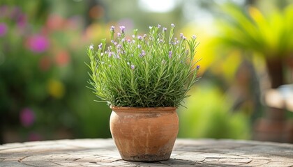 Rosemary in a minimalist style pot isolated on a simple pink background. This professional image consists of a subtle gradient. soft shadows It emphasizes the overall elegance of the scene.