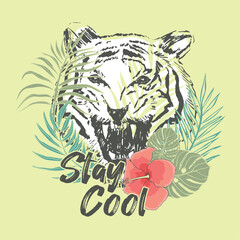 tee print design with wild tiger face drawing as vector