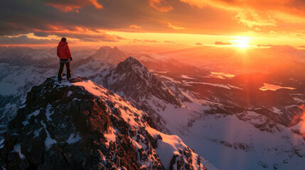 A climber on a high mountain peak at sunrise with amazing light and sky
