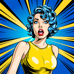 Surprised happy excited young attractive woman with blue hair, wide open blue eyes and open mouth over blue-yellow comic rays, vector illustration in vintage pop art style - obrazy, fototapety, plakaty