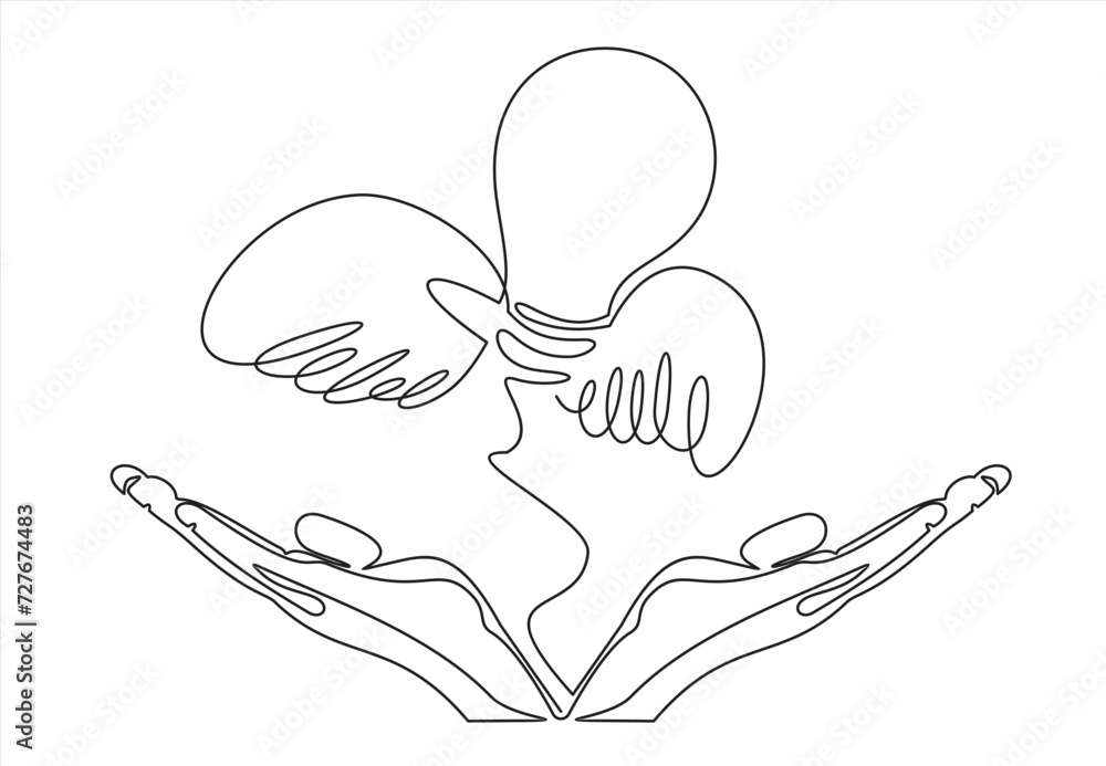Poster new idea or concept - vector modern line design illustrative icon. two hands manifesting a light bul