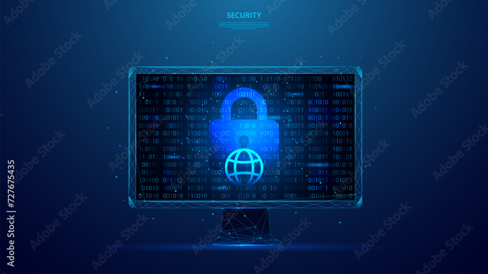 Fototapete network security concept, binary code, locked padlock and network icon. blue low poly style backgrou