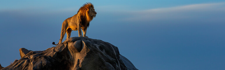 Lion standing on top ofthe  mountain panorama view with blue sky background. Generative AI