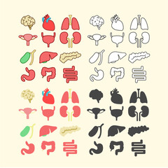 인간의 장기 아이콘 모형 세트. 뇌, 심장, 간, 폐, 