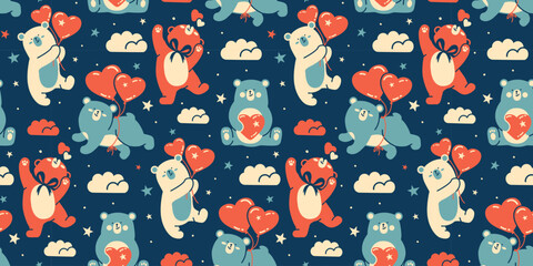 Funny seamless wallpaper with bear cubs and hearts. Bright vector background. Simple hand drawn backdrop. Simple animal print for baby party template or kids supplies design © Vigurskaia Sofiya