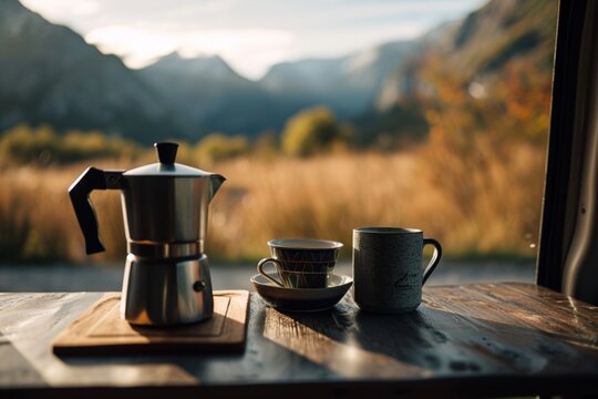 Moka pot and a mug inside a campervan with mountain views