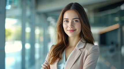 portrait of successful young businesswoman consultant looking at camera and smiling inside modern office building