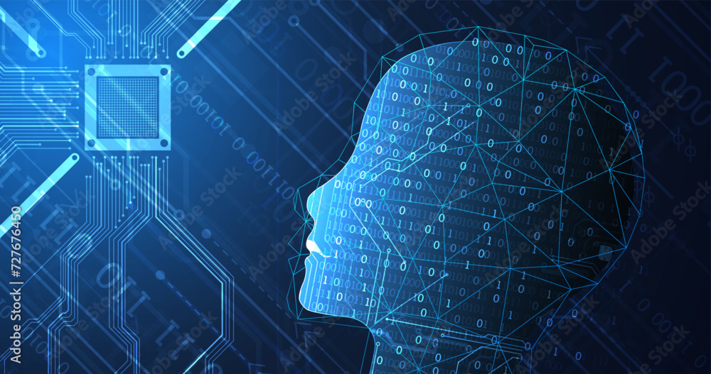 Aufkleber Artificial Intelligence. Technical background with a silhouette of a man. Big data concept. Machine cyber mind.