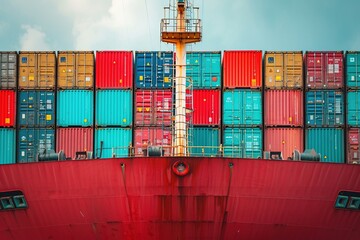 Fototapeta premium Container Loading: Freight Transport at International Port,Cargo Transfer: Crane Loading Containers onto Ship