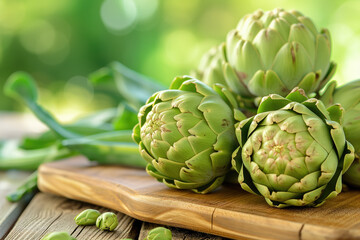 Fototapeta premium Fresh artichokes, whole and halved