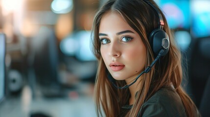 Young, attentive call center operator, woman with headsets, customer
