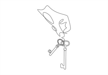 Continuous one line drawing hand holding vintage key. Key takeaways design. Hand with an old key.